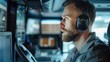 Efficient Fleet Management: Manager Uses Headphones with Built-In Mic to Communicate with Delivery Vehicles from High-Tech Monitoring Room
