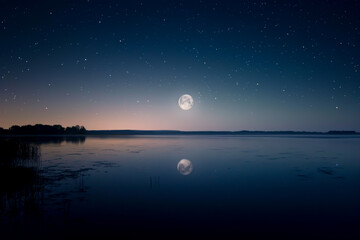 Wall Mural - A large moon is reflected in the calm water of a lake. The sky is dark and the stars are shining brightly. The scene is peaceful and serene, with the moon and stars creating a sense of wonder and awe