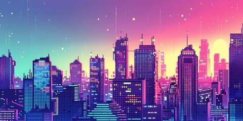 Wall Mural - A city skyline with neon lights and a bright sun in the background. The city is illuminated with a neon glow, creating a vibrant and energetic atmosphere