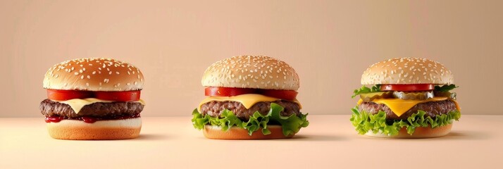 Wall Mural - Three hamburgers with different toppings are shown side by side. The hamburgers are topped with cheese, lettuce, and tomato