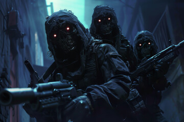 Three soldiers in black uniforms with red eyes and guns. Scene is dark and intense