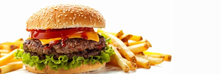 Wall Mural - A hamburger with a slice of cheese and a slice of tomato on top of a bun. The bun is toasted and the burger is served on a plate. There are also french fries on the plate