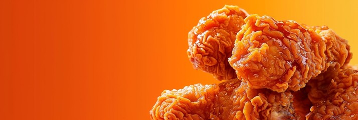 Wall Mural - A close up of three pieces of fried chicken on a bright orange background. The chicken is golden brown and crispy, and the orange background adds a warm and inviting atmosphere to the image