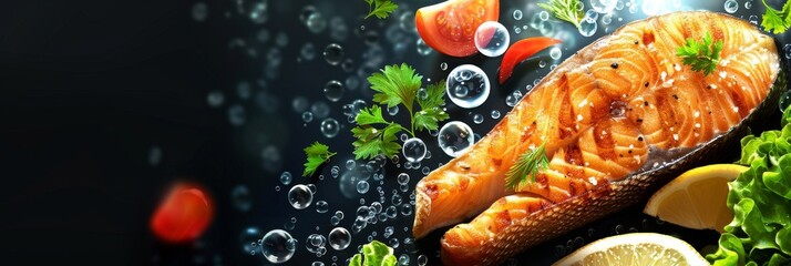 Canvas Print - A plate of food with a piece of salmon and a lemon wedge. The salmon is surrounded by a variety of vegetables, including tomatoes, lettuce, and parsley. Concept of freshness and health