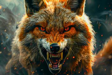 Wall Mural - A fox with red fur and yellow eyes is shown with its mouth open and teeth bared. The image has a dark and intense mood, with the fox's fierce expression and the flames in the background