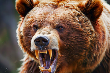 a bear with its mouth open and teeth bared, showing its anger and aggression. the bear's fur is brow
