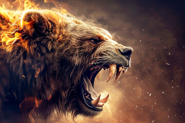 Wall Mural - A bear with fire in its eyes and teeth. The bear is angry and ready to attack