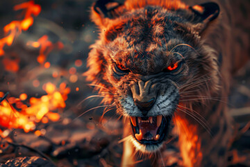 Wall Mural - A tiger with red eyes and a fierce look on its face. The tiger is surrounded by fire, which adds to the intensity of the scene