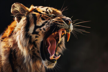Wall Mural - A tiger is shown with its mouth open, showing its teeth. The tiger is in a dark background, which adds to the mood of the image. The tiger's open mouth