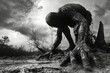 A large, twisted, and grotesque creature is standing in a muddy field. The image has a dark and eerie mood, with the creature's twisted limbs and the muddy ground creating a sense of unease