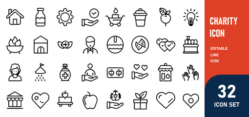 Wall Mural - Charity Line Editable Icons set. Vector illustration in modern thin line style of philanthropic icons almsgiving, dole, welfare, donation, contribution, humanism, altruism. Isolated on white