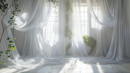 Wall Mural - Indoor setting with light grey window curtains and white tulle