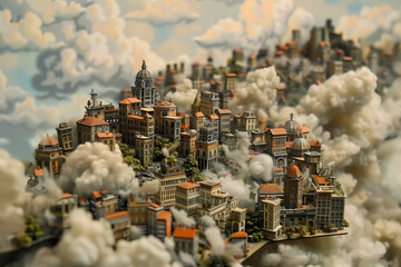 Poster - A city is shown in the clouds with a lot of buildings. Scene is dreamy and whimsical