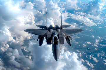 A fighter jet is flying through the sky above a cloudy backdrop. Concept of power and freedom, as the jet soars through the air with ease. The clouds in the background add a sense of depth