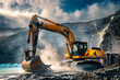 A large yellow and black construction vehicle is digging into the ground. The machine is surrounded by a lot of dirt and rocks, and it is working hard to dig a hole