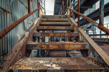 Poster - The stairs are rusted and old, with a blue and yellow color scheme