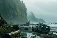 A Car Is Sitting On The Beach Next To A Rocky Shore. The Car Is Old And Rusted, And It Is Abandoned. The Beach Is Covered In Seaweed And Debris, And The Sky Is Cloudy