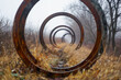 A series of large, circular metal objects that appear to be rusted and weathered. The circles are arranged in a row, with some overlapping each other, creating a sense of depth and movement