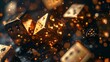 Glittering dice rolling amongst fiery sparks - Close-up of several dice with a bokeh effect, surrounded by lively sparks suggesting excitement and gambling