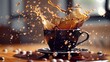 Dynamic coffee splash in cup on wooden table - High-speed capture of rich coffee splashing out of the cup, infused with motion and energy