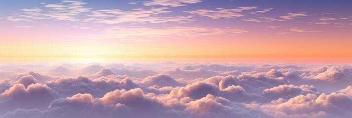 Wall Mural - Sunset Above Clouds. Cloudscape At Dusk With Gradient Color. Aerial View Of Fluffy Clouds Under Evening Glow. Generative AI