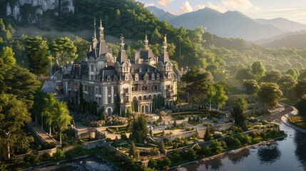 Wall Mural - A majestic chateau nestled amidst verdant forests and meandering rivers, with regal turrets and grand ballrooms that speak to a bygone era of aristocratic elegance and refined taste