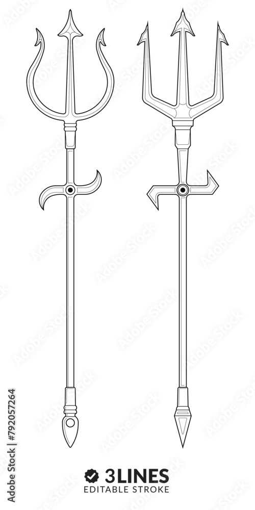 Trident Draw Simple two types of drawings of mystical tridents in contour lines with ...