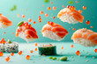 Sushi Advertisement Setting: Vibrant Components Suspended Floating in Air Over Serene Seafoam Green Backdrop