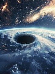 Wall Mural - Stunning cosmic black hole above Earth - This image captures the awe-inspiring scene of a cosmic black hole looming above the Earth's atmosphere, surrounded by a galaxy and stars