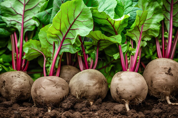 Wall Mural - A row of beetroots growing in the ground, roots, green leaves