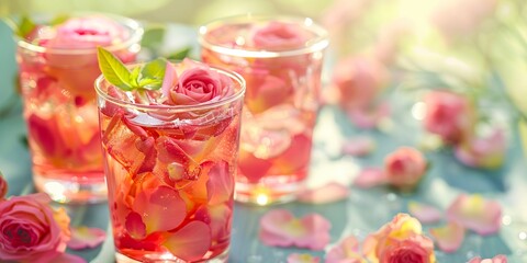 A rose flower tea soda, served as a cocktail at a summer party. Cocktail with pink flower and floral aroma. A unique combination of tea, flower and soda.