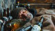 © Katsiaryna - Homeless man sleeping on the couch with beer bottles in the background