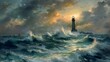 Seascape with a Distant Lighthouse: An Oil Painting Masterpiece. Concept Seascape, Distant Lighthouse, Oil Painting, Masterpiece, Artistic Appeal