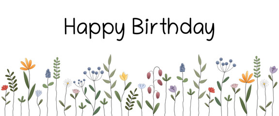 Sticker - Happy Birthday - Schriftzug in englischer Sprache - Alles Gute zum Geburtstag. Grußkarte mit einer bunten Blumenwiese.