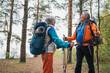 Hiking tourism adventure. Senior couple man woman enjoying outdoor recreation hiking in forest. Happy old people backpackers hikers enjoy walking hike trekking tourism active vacation beauty of nature