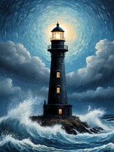 Generative AI Illustration Of Lighthouse In The Storm 