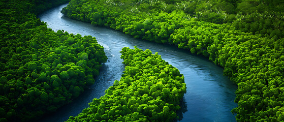 Poster - the natural beauty of a lush green forest. From an aerial perspective, we see a vibrant blue river winding its way through the dense foliage