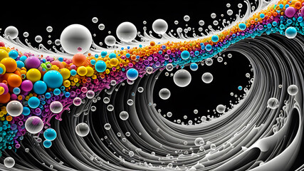 Wall Mural - abstract fractal background. black and white waves with multi-colored bubbles on a black background. wallpaper