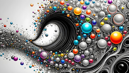 Wall Mural - abstract fractal background. black and white waves with multi-colored bubbles on a black background. wallpaper