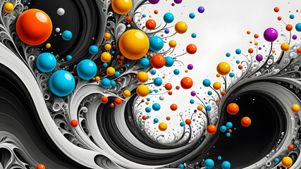 Wall Mural - abstract fractal background. black and white waves with multi-colored bubbles on a black background. wallpaper
