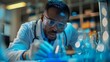 Chemist in lab studying blue substance advancing medical research and biotechnology. Concept Chemistry, Laboratory Research, Blue Substance, Medical Advancements, Biotechnology