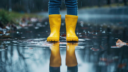 Sticker - close-up of a girl swimming in puddles in yellow boots