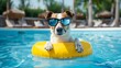 fashionable dog dons stylish sunglasses while enjoying a refreshing dip in the poo