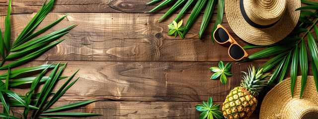 Wall Mural - vacation concept, glasses hat pineapple on wooden background