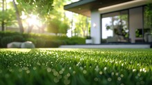 A Beautifully Manicured Lush Green Lawn Glistens In The Sunlight With A Blurred Background Of A Contemporary Styled House Amidst Nature
