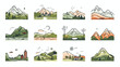 Nature line icon mini landscapes with mountains fie