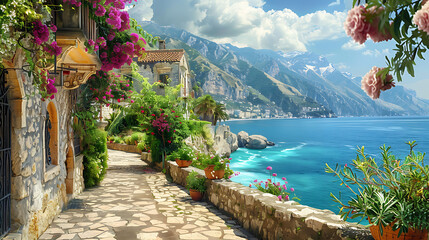 Wall Mural - A charming stone pathway, adorned with vibrant pink flowers and lush greenery, leads our gaze