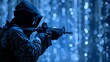 Special Ops Soldier in Tactical Gear Aiming Rifle in Blue Light