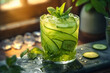 chilled cucumber cocktail in a misted glass with fresh mint leaves and bokeh lights