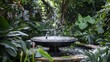 A peaceful backyard garden with a bubbling fountain surrounded by lush foliage, where birds come to bathe and chirp happily.
